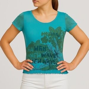 Mexx Top Graphic T-shirt Mesh Front Lettuce Hem, Tie Dye Blue/Green/Khak…